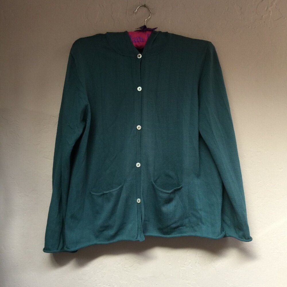 Babette Women Button Front Hooded Knit Cardigan Jacket Green Pockets Lightweight